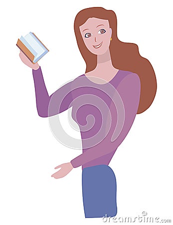 Redhead vector cartoon positive cute smiling girl in a purple with a book isolated object on a white background Vector Illustration