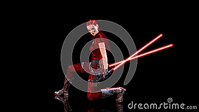 Redhead warrior girl with futuristic light swords kneeling, braided woman with sci-fi laser saber weapon isolated on black, 3D Stock Photo