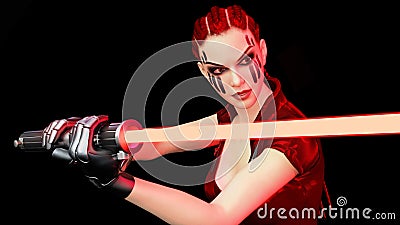 Redhead warrior girl with sci-fi laser sword, braided woman with futuristic saber weapon isolated on black background, close up Stock Photo