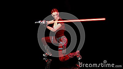 Redhead warrior girl with sci-fi laser sword, braided woman with futuristic saber weapon isolated on black background, 3D Stock Photo