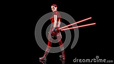 Redhead warrior girl with sci-fi light swords, braided woman with futuristic laser saber weapon isolated on black background, 3D Stock Photo