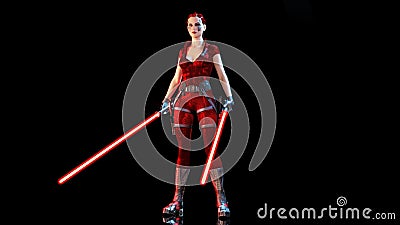 Redhead warrior girl with two futuristic light swords, braided woman with sci-fi laser saber weapon isolated on black background Stock Photo