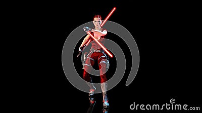 Redhead warrior girl with two futuristic light swords, braided woman with sci-fi saber weapon isolated on black background, 3D Stock Photo