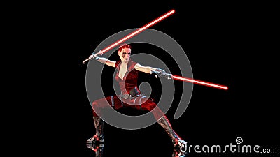 Redhead warrior girl with two sci-fi light swords, braided woman with futuristic saber weapon isolated on black background, 3D Stock Photo