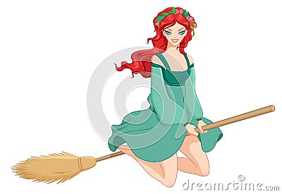 Redhead witch riding broom. Vector illustration isolated on white background. Vector Illustration