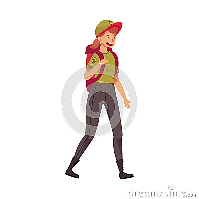 Redhead Woman as Park Ranger in Khaki Cap Walking Carrying Backpack Protecting and Preserving National Parkland Vector Vector Illustration