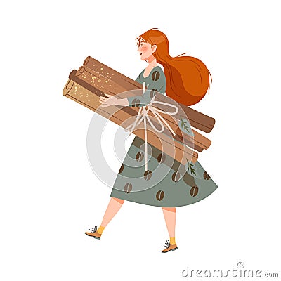 Redhead Woman Coffee Lover Carrying Pile of Dry Cinnamon Stick as Coffee Spice Vector Illustration Vector Illustration