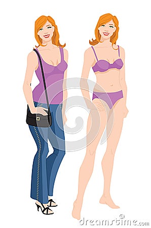 Redhead woman in different clothes Vector Illustration