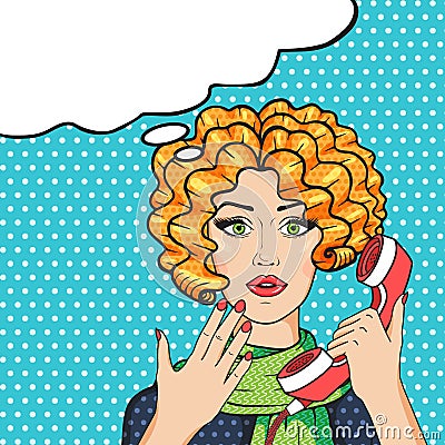 Redhead woman on phone pop art comic vector illustration, surprised woman with speech bubble for your message Vector Illustration