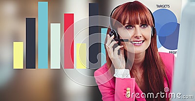 Redhead woman using headphones with graph in background Stock Photo