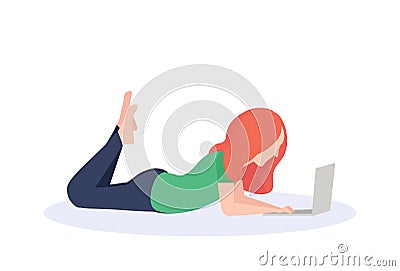 Redhead woman using laptop lying pose isolated faceless profile silhouette female cartoon character full length flat Vector Illustration
