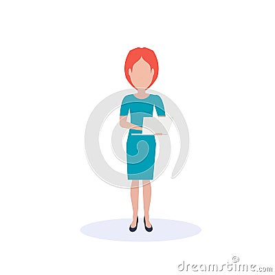 Redhead woman using laptop standing pose isolated faceless silhouette female cartoon character full length flat Vector Illustration