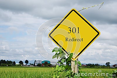 301 Redirect street sign and rices field in the background Stock Photo