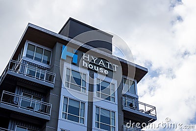 Redmond, WA USA - circa March 2021: Low angle view of a Hyatt House hotel in downtown Redmond on a cloudy day Editorial Stock Photo