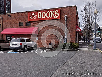 Redmond, WA USA - circa March 2021: Street view of Half Price Books retail store in downtown Redmond Editorial Stock Photo