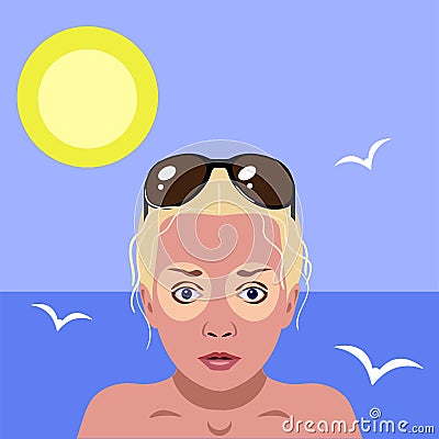 Redness on woman facial and neck skin.Vector Illustration about danger of Ultraviolet. on sea background Vector Illustration