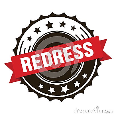 REDRESS text on red brown ribbon stamp Stock Photo