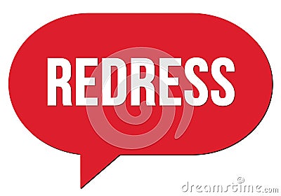 REDRESS text written in a red speech bubble Stock Photo