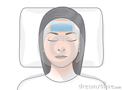 Reduce fever patches on forehead of ill woman. Vector Illustration