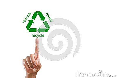 Reduce reuse recycle concept. Hand point finger recycle icon. Reduce, means to minimise amount of waste. Reuse, refers to using Stock Photo