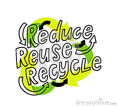 Reduce, Reuse, Recycle Lettering with Green Circulate Arrows, Recyclable Package Concept. Garbage Transformation Vector Illustration