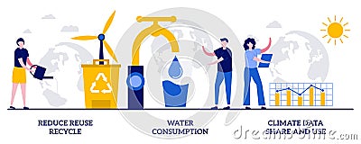 Reduce reuse recycle, water consumption, climate data share and use concept with tiny people. Save the planet vector illustration Cartoon Illustration