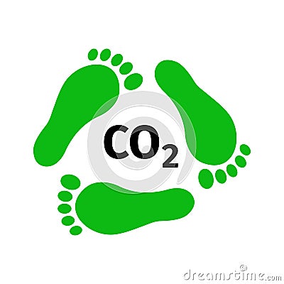 Reducing carbon footprint concept. Green footprints in form of recycling symbol and C02 sign. Environmental problems and Vector Illustration