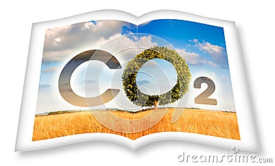 Reduction of the amount of CO2 emissions - 3D rendering opened photobook conceptwith CO2 icon text and tree shape in rural scene Stock Photo