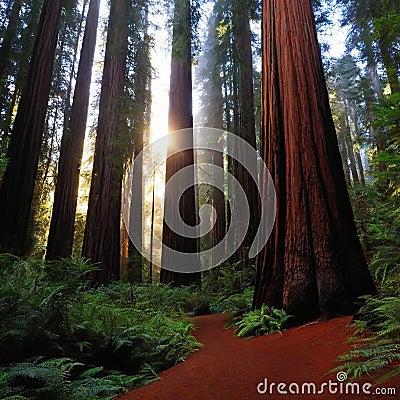 redwood forest at dusk Cartoon Illustration