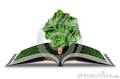 ree paper growing from book with grass on white background. Stock Photo