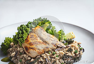 ree Range Chicken with Wild Mushroom Risotto, Carnaroli Rice, Parmigiano Reggiano and Grilled Kale. Generative AI Stock Photo