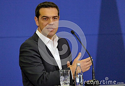 Reece Prime Minister Alexis Tsipras and Serbian Prime Minister Aleksandar Vucic holds a joint press conference Editorial Stock Photo