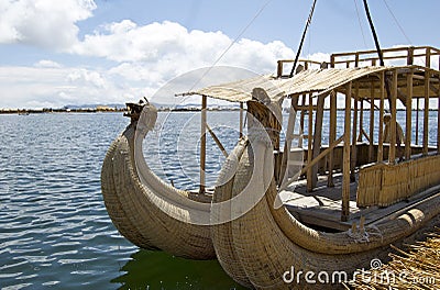 Reed boat in Lake Titicaca - Puno, Peru Stock Photo