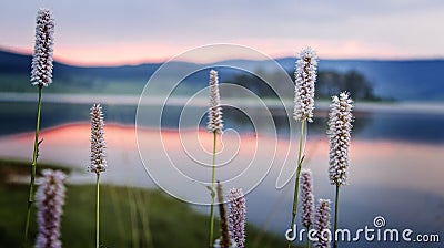 Reed plant near lake, sunrise Stock Photo