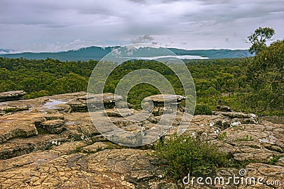 View during storm from sandstone cliff of Reeds Lookout in Grampians National Park, Victoria, Australia. Stock Photo