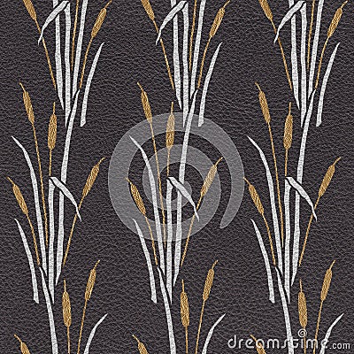 Reeds and wetland plants - Interior wallpaper - seamless background - leather texture Stock Photo