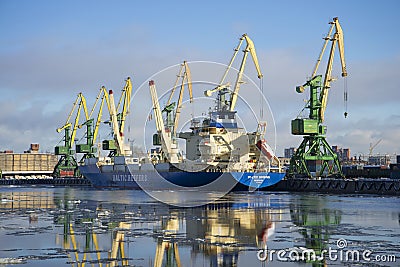 Reefer Baltic spring on unloading at the St. Petersburg cargo port Editorial Stock Photo