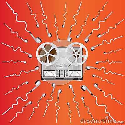 Reel tape recorder surrounded headphones aspiring to it. Cartoon Illustration