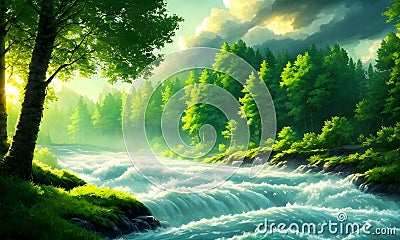 reen forest, the sun behind the clouds, a flowing river, Generative AI, Generative, AI Stock Photo