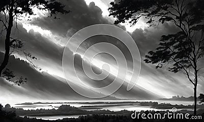 reen forest, the sun behind the clouds, a flowing river, Generative AI, Generative, AI Stock Photo