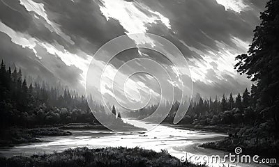 reen forest, the sun behind the clouds, a flowing river, Generative AI, Generative, AI Stock Photo