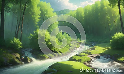 reen forest, the sun behind the clouds, a flowing river, Generative AI, Generative, AI Stock Photo