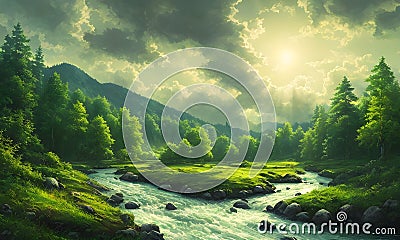 reen forest, the sun behind the clouds, a flowing river, Generative AI, Generative, AI Stock Photo