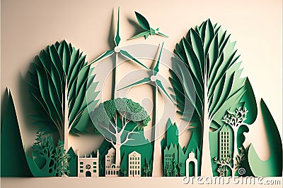 reen leaf image in the paper art style with trees, city building silhouettes. Generative AI Stock Photo