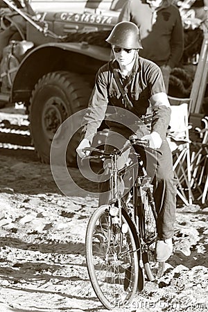 Second world war II dutch soldier reenactor on bike Editorial Stock Photo