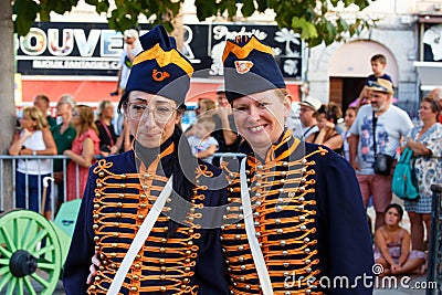 The reenactors dressed as Napoleonic soldiers for celebration the Napoleon birthday who was born in Ajaccio. Corsica Editorial Stock Photo