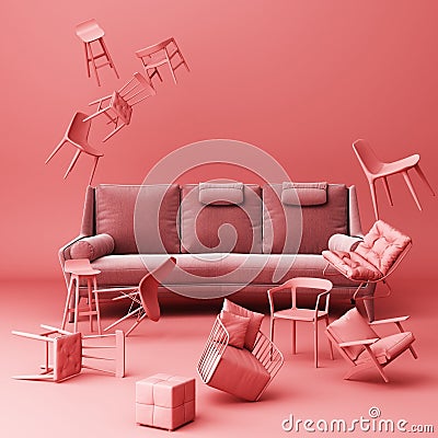 Ref sofa surrounding by a lot of red little chair. Stock Photo