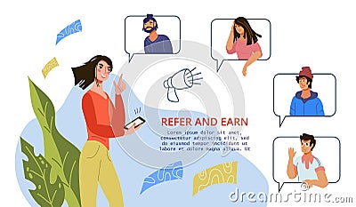 Refer and Earn advertising banner for referral program with friends characters Cartoon Illustration