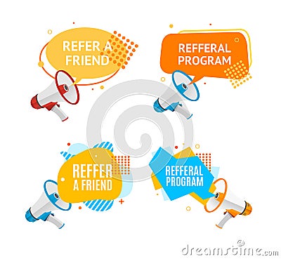 Refer a Friend Concept Label with Abstract Memphis Style Elements Set. Vector Vector Illustration