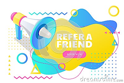 Refer a friend poster, banner design. Vector 3d isometric illustration for business marketing, referral network program Vector Illustration